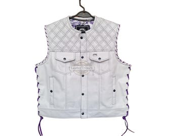 Gilet da uomo in pelle bianca con dettagli viola - Gilet da motociclista