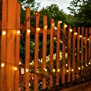 May include: A wooden fence with warm-toned string lights. The lights are small, round, and evenly spaced along a dark wire. Green foliage and vines are interspersed, adding a natural element to the outdoor decor.