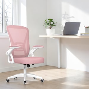 May include: An office chair with a pink mesh backrest and a pink padded seat. The chair features a white frame, white armrests, and a white five-point base with rolling casters. The design includes a lumbar support section on the backrest.