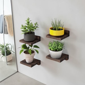 May include: Four dark brown wooden floating shelves mounted on a wall. Two shelves are arranged vertically on the left, holding a dark gray pot with a green plant and a light gray pot with a green plant. Two shelves are on the right with plants.