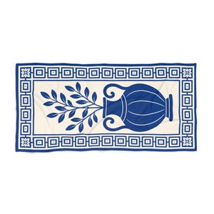Blue Grecian Urn with Olive Branch Beach Towel | Mediterranean Tile Border