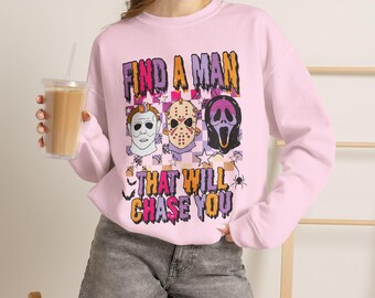 Sweat-shirt « Trouve un homme qui te poursuivra » | Trio de masques de films d'horreur, Halloween