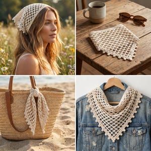 May include: A cream-colored triangular crochet bandana featuring an open-work grid pattern and a scalloped edge with small decorative loops. The accessory is shown worn as a headscarf, folded on a wooden table, tied to a straw bag, and draped over a denim jacket.