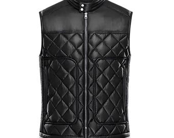 Gilet da uomo in pelle di montone nappa nera, trapuntato, stile biker, con cerniera, regalo per lui