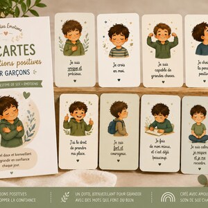 Peut inclure: Ensemble de 24 cartes d'affirmations positives pour garçons, avec des illustrations d'un jeune garçon. Les cartes comportent des affirmations positives en français, avec un livre assorti et une étiquette verte circulaire indiquant "24 cartes à imprimer".
