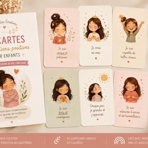 Op de afbeelding: Een set van 24 affirmatiekaarten voor kinderen, met illustraties van een meisje en positieve affirmaties in het Frans. De kaarten bevatten zinnen als "Je suis unique et précieuse". De set bevat een doos met de titel "24 Cartes affirmations positives pour enfants".