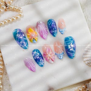 Mermaid Hibiscus Tide Press On Nails, Mermaid Press On Nails, Hibiscus Flower Nails, Tropical Mermaid Nails, Ocean Aura Nails, Shell Texture