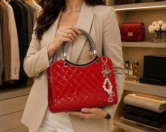 Patent Leather Handbag for Women, Elegant Top Handle Purse, Quilted Glossy Bag, Vintage Inspired Handbag, Evening Bag, Luxury Style Purse