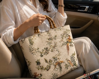 Frauen Handtasche, Floral Bambus Griff Einkaufstasche, Elegante Vogel Muster Handtasche, Vintage Botanische Schultertasche, Handgemachte Stil Frauen Geldbörse