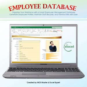 Może przedstawiać: Srebrny laptop Samsung wyświetlający bazę danych pracowników w programie Microsoft Excel. Ekran pokazuje szczegóły, zdjęcie profilowe osoby w garniturze oraz zielone logo Excel. Tekst: Employee Database i MOS Master.