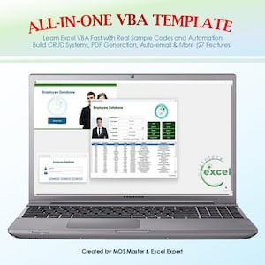 Op de afbeelding: Een grijze laptop met een alles-in-één VBA-sjabloon voor Excel, met een interface voor een werknemersdatabase met invoervelden, een tabel met gegevens en inlogschermen. De tekst luidt Created by MOS Master & Excel Expert.
