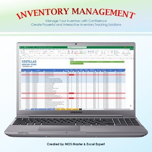 May include: A silver Samsung laptop displaying an Excel spreadsheet titled Costillas Grocery Store Inventory List. The screen shows rows of data with columns for category, item, price, and stock levels. Text above reads Inventory Management.