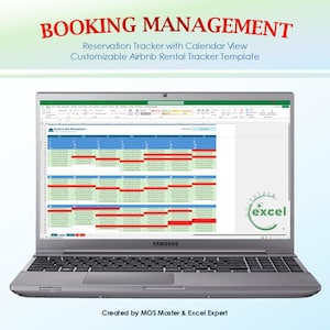 May include: A silver Samsung laptop displaying a Booking Management reservation tracker with a calendar view and a customizable Airbnb rental tracker template in Excel. The screen shows rows of blue and red data cells and a green Excel logo.