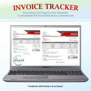 May include: A grey Samsung laptop displaying an Invoice Tracker template on its screen. The screen shows two side-by-side invoice documents with red headers, itemised tables, and a total of 634.20. The text reads INVOICE TRACKER and excel.