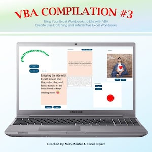 May include: A Samsung laptop displaying a software interface titled VBA COMPILATION #3. The screen shows Excel by Romeo Costillas, interactive buttons, text boxes with instructions, a photo of a person with a heart, and a red circle graphic.