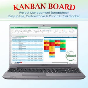 Può includere: Un laptop Samsung argentato che mostra un foglio di calcolo per la gestione dei progetti Kanban. Lo schermo mostra un task tracker con colonne e righe codificate a colori. Il testo in alto recita "KANBAN BOARD" e "Project Management Spreadsheet". Il logo di Excel è visibile.