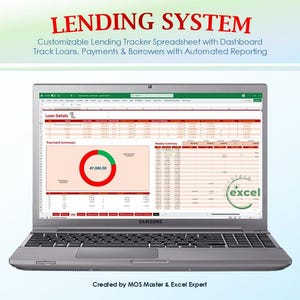 以下が含まれることがあります： 銀色のSamsung製ノートパソコンに、LENDING SYSTEMと書かれたスプレッドシートが表示されています。画面にはダッシュボード、ローン詳細、支払い概要、ドーナツグラフが含まれ、Customizable Lending Tracker SpreadsheetおよびCreated by MOS Master & Excel Expertというテキストが記載されています。