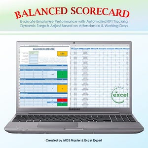 May include: A silver Samsung laptop displaying a Balanced Scorecard Excel spreadsheet with automated KPI tracking, dynamic targets, and performance metrics. The screen shows data tables, a score of 3.56, and an Excel logo. Text reads Balanced Scorecard.
