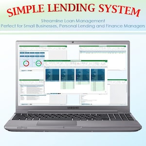 May include: A grey Samsung laptop displaying a spreadsheet software interface titled SIMPLE LENDING SYSTEM. The screen shows multiple data tables, financial charts, and loan management tools. A small green excel logo is visible on the right side.