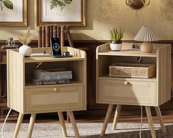Mesita de noche moderna de madera, mesita de noche escandinava de ratán, armario de almacenamiento minimalista