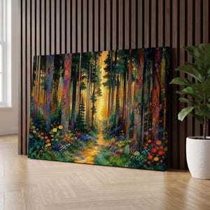 Canvastavla med magisk skog, väggkonst med förtrollad skog, psykedelisk naturdekor, väv med färgglada träd, nyckfullt fantasilandskap