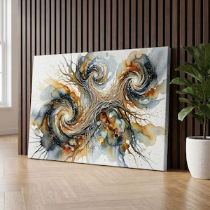 Pode incluir: Uma tela retangular com uma pintura abstrata em aquarela apresentando padrões de redemoinho em tons de azul marinho, laranja queimado e cinza suave. A composição inclui linhas brancas intrincadas e salpicos dourados pelo design.