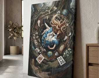 May include: A rectangular canvas print depicting a person with long blonde hair in a blue dress falling through a dark, swirling tunnel. The scene includes floating playing cards, teacups, clocks, a globe, and mushrooms amidst gnarled tree roots.