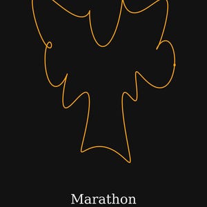 May include: A black poster featuring a continuous orange line drawing of a route map. The text reads Marathon, 21.1 km, 214 m, and 42.2 km. The design uses a minimalist aesthetic with a dark background and high-contrast orange line work.