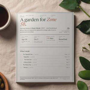 Op de afbeelding: Een tuingids getiteld "A garden for Zone 5b" met tekst en een inhoudsopgave. De gids ligt open op een beige oppervlak, met een kop koffie en een fruitschaal in de buurt. Groene bladeren zijn op de achtergrond.