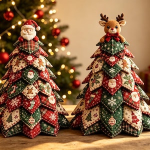 Puede incluir: Dos árboles de Navidad decorativos de tela con paneles triangulares acolchados en capas de color rojo y verde. Un árbol está rematado con una figura de peluche de Santa Claus, mientras que el otro tiene un reno de peluche con un lazo rojo.