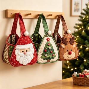 Op de afbeelding: Drie driehoekige stoffen cadeautassen hangend aan een houten rek. De eerste is rood met een kerstmangezicht, de tweede is groen met een versierde kerstboom en de derde is bruin met een rendiergezicht. Elke tas heeft een handvat met stippen.