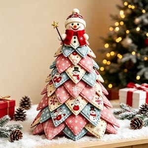 Op de afbeelding: Een decoratief kerstboomornament opgebouwd uit gelaagde, driehoekige stoffen blaadjes in roze, blauwe en crèmetinten. De blaadjes zijn voorzien van patronen met sneeuwvlokken en sneeuwpoppen. Een kleine sneeuwpopfiguur zit bovenop de boom.