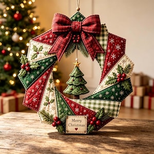 May include: A quilted fabric Christmas wreath featuring alternating red, green, and cream panels with snowflake and holly patterns. A large red plaid bow sits at the top, and a small stuffed Christmas tree hangs in the centre with a Merry Christmas sign.