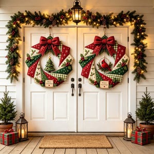 May include: Two fabric wreaths hang on double white doors, featuring red, green, and white quilted patterns with large red bows. One wreath displays a small Christmas tree, the other a red cardinal. A lit garland frames the doors above.