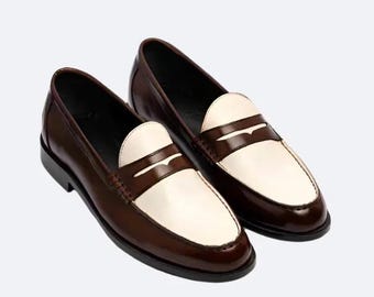 Handmade Two-Tone Leather Penny Loafers – Brown & Ivory Men’s Dress Shoes