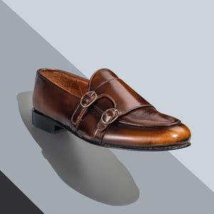 Handmade Brown Leather Double Monk Strap Loafers: Men's Dress Shoes