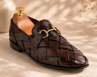 Handgeweven leren horsebit loafers – donkerbruine geklede schoenen in Italiaanse stijl