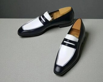 Mocasines de cuero bicolor blanco y negro hechos a mano para hombre, zapatos formales de moda para hombre.