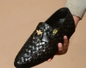 Handmade Black Woven Leather Loafers | Men's Italian Style Dress Shoes | Luxury Slip-On Formal Shoes