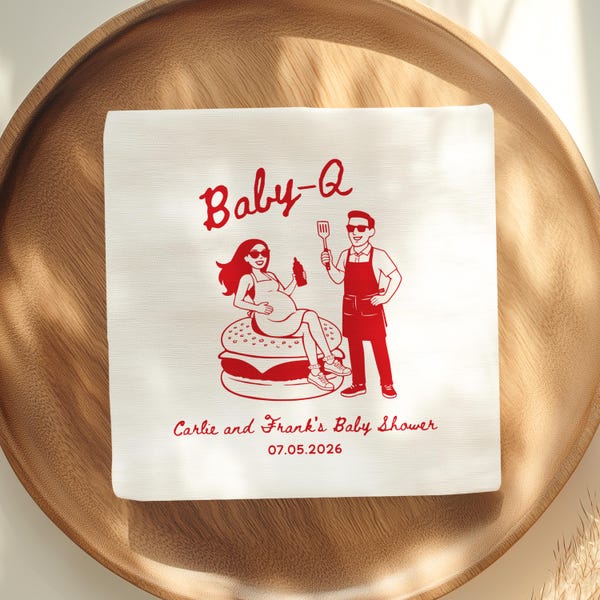 BabyQ Napkins, BBQ Baby Shower Napkins, Cookout Grill Baby Shower Decor, 50 Count