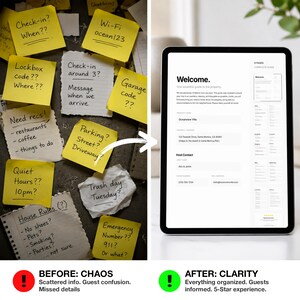 Könnte beinhalten: Ein Vergleichsbild zeigt eine chaotische Pinnwand mit handgeschriebenen Notizen und ein Tablet mit einer organisierten Willkommensanleitung. Die Notizen enthalten Fragen zum Check-in, WLAN und Hausregeln. Das Tablet bietet klare Informationen für Gäste.