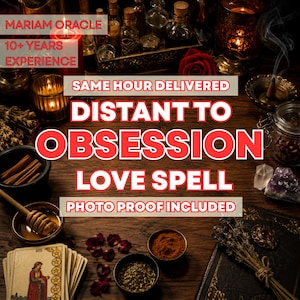 Op de afbeelding: Een houten tafeloppervlak met diverse items waaronder een rode kaars, kleine glazen flesjes, een honingdrip in een kom, tarotkaarten, gedroogde kruiden, kristallen en een boek. Tekst: MARIAM ORACLE, 10+ YEARS EXPERIENCE, SAME HOUR DELIVERED, DISTANT TO OBSESSION LOVE SPELL, PHOTO PROOF INCLUDED.