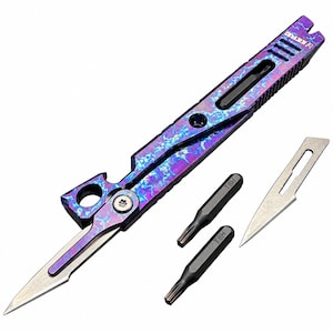 May include: A multi-tool pry bar with a purple and blue lightning pattern finish, featuring a folding blade, a bottle opener, and a pry tip. The tool includes two black T8H screwdriver bits and one spare scalpel-style blade.
