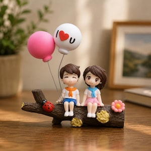 May include: A decorative figurine featuring two small figures sitting on a brown textured log. One figure wears a white shirt with an orange scarf and blue shorts, while the other wears a white shirt with a blue scarf and pink skirt. Two balloons, one pink and one white with a red heart and the text I U, are attached to the log. A small red ladybird and a pink flower are also attached to the log.
