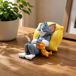 May include: A figurine of the grey cat Tom and the orange mouse Jerry sleeping together. Tom is leaning back against a bright yellow pillow with his eyes closed, while Jerry is curled up against Tom's chest, also appearing to be asleep.