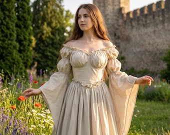 Medieval Corset Dress Women, Off Shoulder Bell Sleeve Renaissance Gown, Cottagecore Fairy