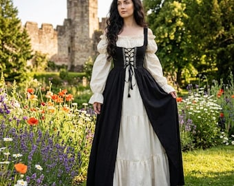 Medieval Renaissance Dress Women, Corset Lace-Up Bell Sleeve Gown, Cottagecore Fairy LARP