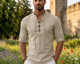 Medieval Linen Shirt Men, Renaissance Lace-Up Cotton Tunic, Viking Pirate Cosplay, Long Sleeve