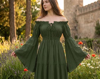 Renaissance Chemise Dress Women, Off Shoulder Bell Sleeve Maxi, Medieval Witch Ren Faire