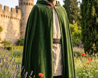 Medieval Velvet Cloak Men, Renaissance Hooded Cape Leather Clasp, Viking LARP SCA Costume